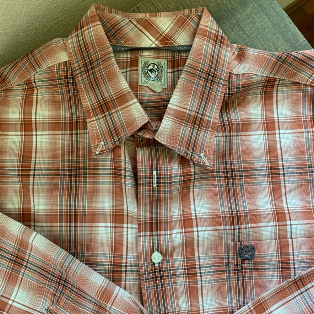 Cinch‎ Men's L Shirt Button Front Shirt Western Orange Plaid Shirt
